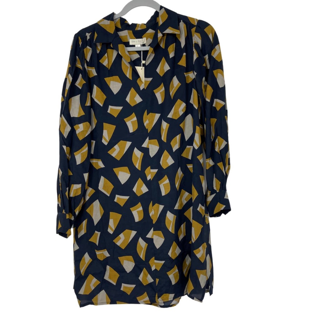 SEE U SOON NAVY BLUE, GOLD & GRAY LIGHTWEIGHT PULLOVER DRESS SIZE SMALL